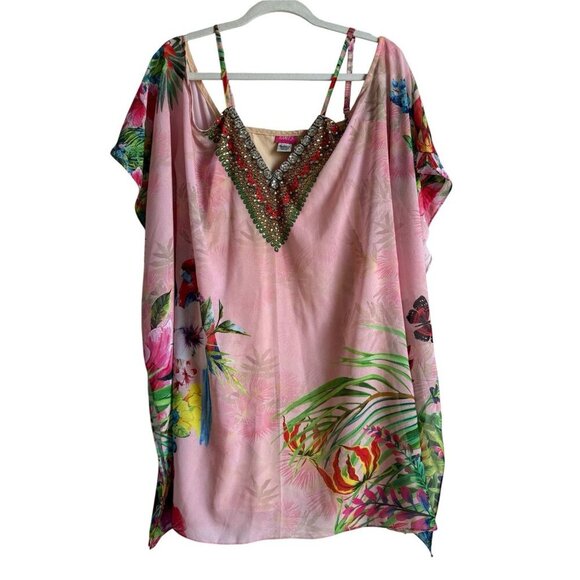 Ranee’s Blouse Sheer Top Size L Pink Tropical Beachy Art to Wear Cold Shoulder - Picture 1 of 15